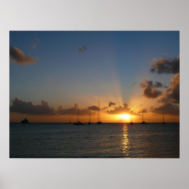 Sunset with Sailboats Tropical Landscape Photo Poster (Front)