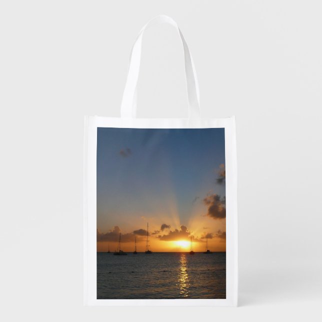 Sunset with Sailboats Tropical Landscape Photo Reusable Grocery Bag (Front)
