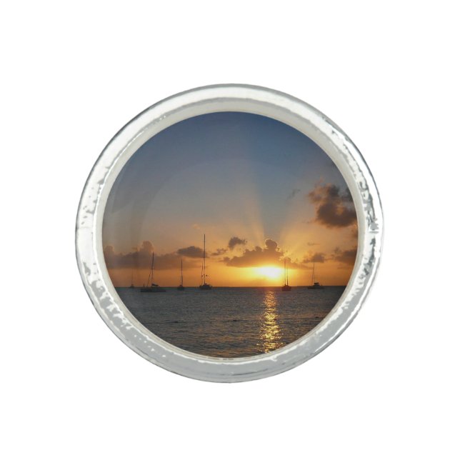 Sunset with Sailboats Tropical Landscape Photo Ring (Front)