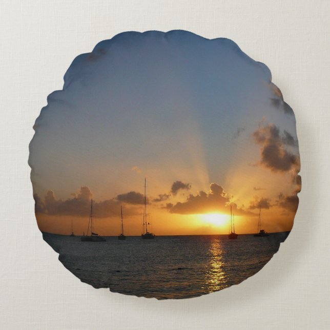 Sunset with Sailboats Tropical Landscape Photo Round Pillow (Front)