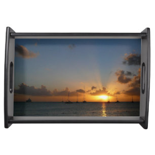 Sunset with Sailboats Tropical Landscape Photo Serving Tray