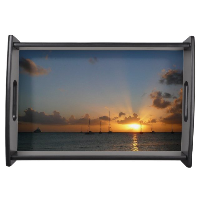 Sunset with Sailboats Tropical Landscape Photo Serving Tray (Front)