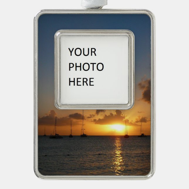 Sunset with Sailboats Tropical Landscape Photo Silver Plated Framed Ornament (Front)