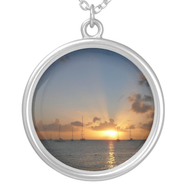 Sunset with Sailboats Tropical Landscape Photo Silver Plated Necklace (Front)