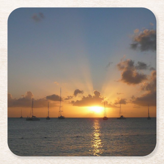 Sunset with Sailboats Tropical Landscape Photo Square Paper Coaster (Front)