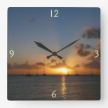 Sunset with Sailboats Tropical Landscape Photo Square Wall Clock