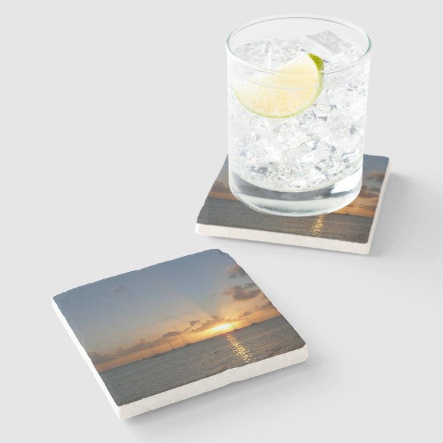 Sunset with Sailboats Tropical Landscape Photo Stone Coaster (Side)