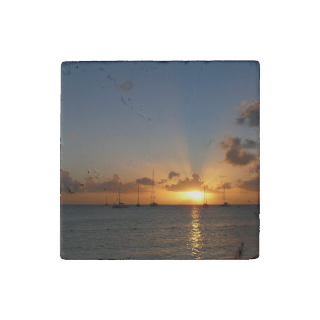 Sunset with Sailboats Tropical Landscape Photo Stone Magnet (Front)