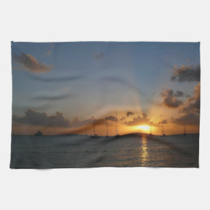 Sunset with Sailboats Tropical Landscape Photo Towel