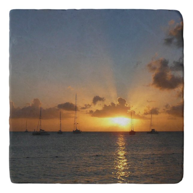 Sunset with Sailboats Tropical Landscape Photo Trivet (Front)