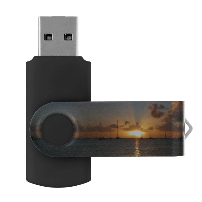 Sunset with Sailboats Tropical Landscape Photo USB Flash Drive (Opened)