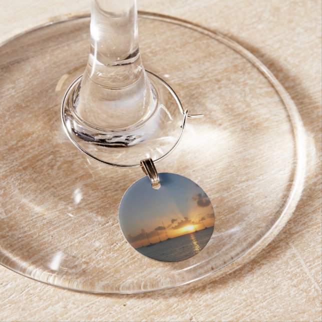 Sunset with Sailboats Tropical Landscape Photo Wine Charm (In Situ)