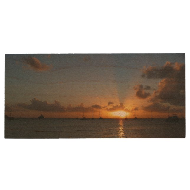 Sunset with Sailboats Tropical Landscape Photo Wood Flash Drive (Back)