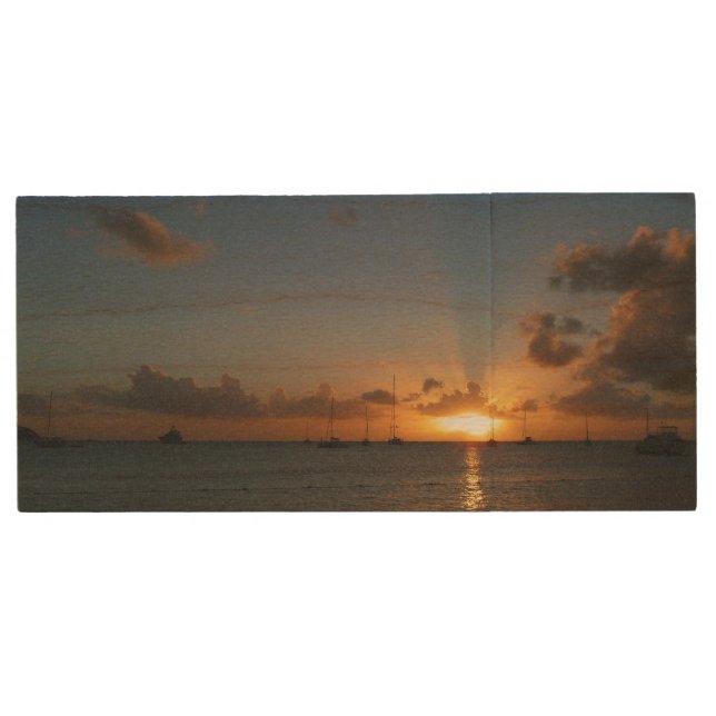 Sunset with Sailboats Tropical Landscape Photo Wood USB Flash Drive (Front)
