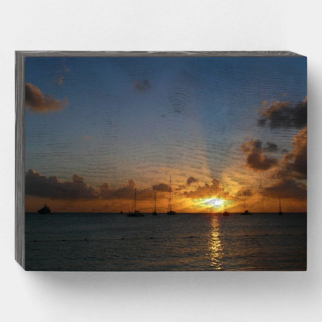 Sunset with Sailboats Tropical Landscape Photo Wooden Box Sign (Front Horizontal)