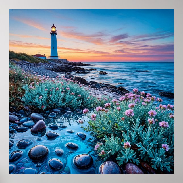 Sunset with Vibrant Flowers and Smooth Stones Poster (Front)