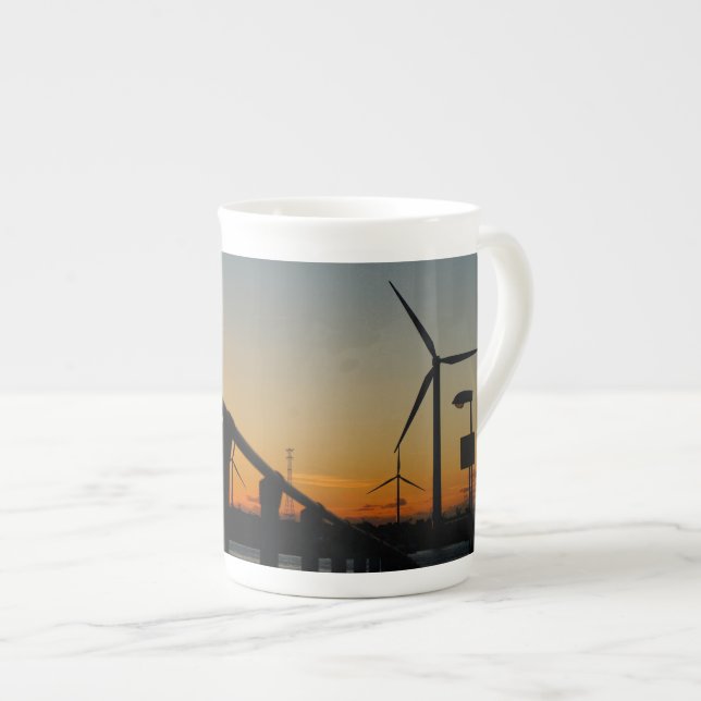 Sunset with windmill, relaxing and calming. bone china mug (Front Right)
