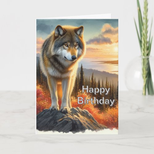 Sunset with Wolf Mens Happy  Birthday 