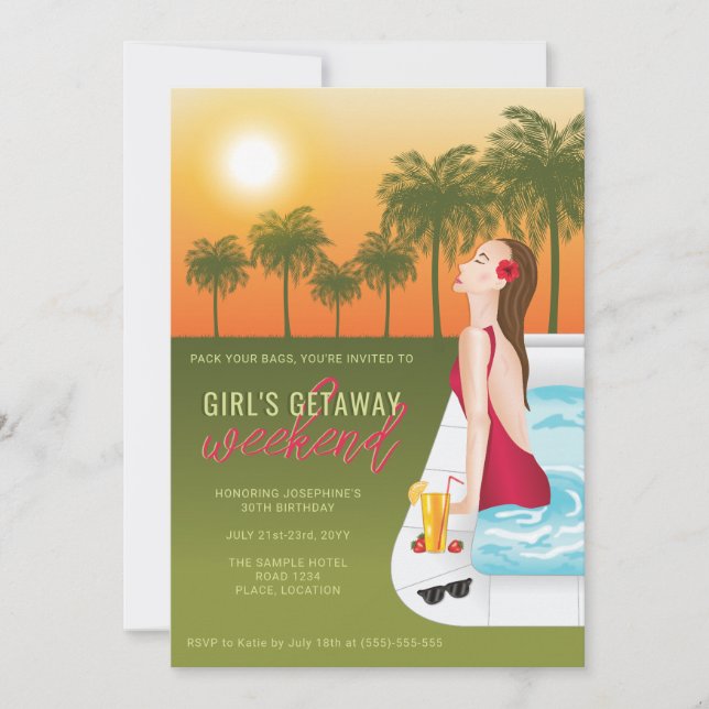 Sunset Woman In A Swimming Pool Girl's Getaway Invitation (Front)