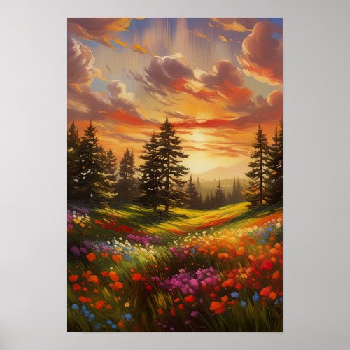 Sunsets Canvas Colorful Flowers  Poster