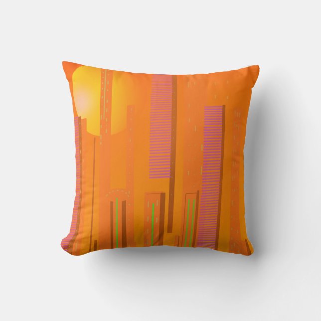 sunsets over a cyberpunk futuristic city throw pillow (Front)