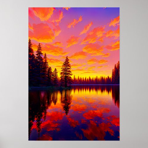 Sunsets Palette Gold and Red Sky over Lake Poster