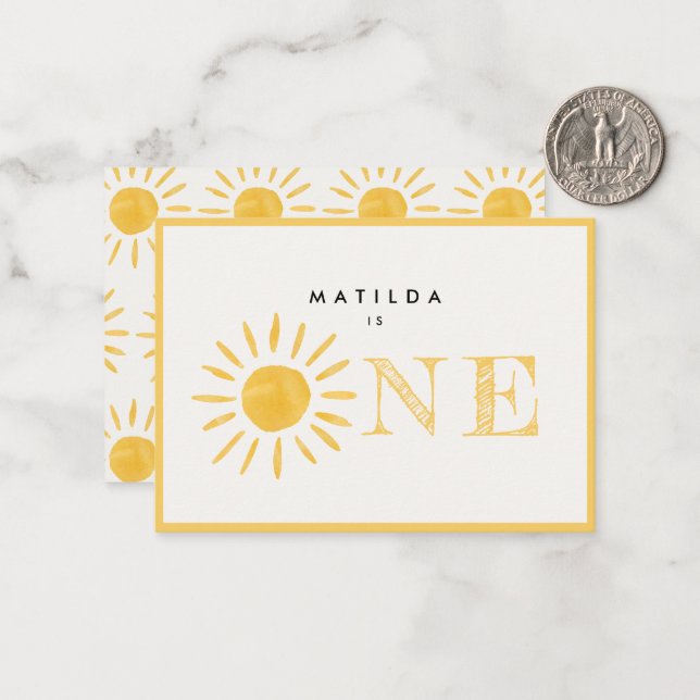 sunshine 1st birthday sun yellow thank you note card (Front/Back In Situ)