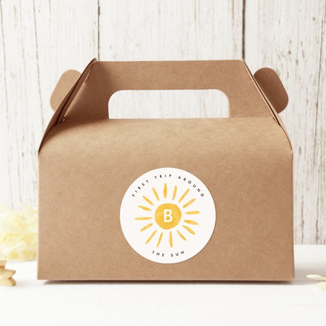 sunshine 1st birthday watercolor sun monogram classic round sticker (Creator Uploaded)