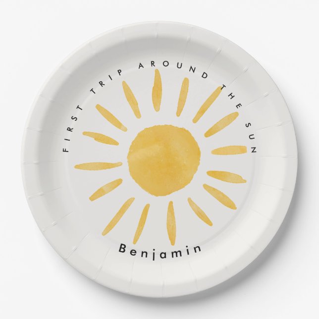 sunshine 1st birthday watercolor sun  paper plates (Front)