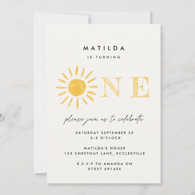 sunshine 1st birthday watercolor sun yellow modern invitation (Front)