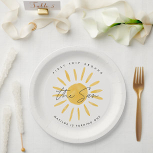 sunshine 1st birthday watercolor sun yellow modern paper plates
