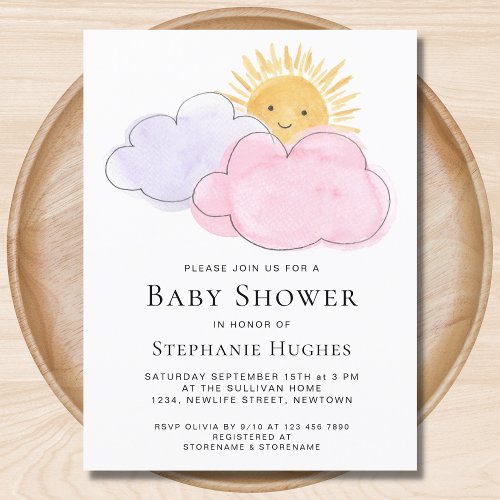 Sunshine And Clouds Girls Baby Shower Invitation 