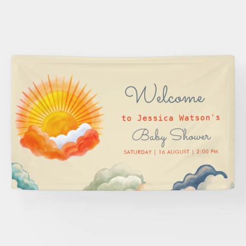 Sunshine and Clouds Yellow Grey Retro Baby Shower Banner