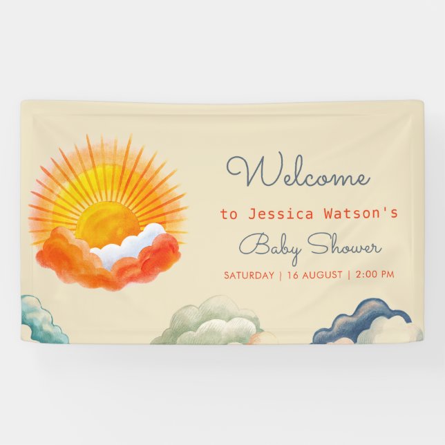 Sunshine and Clouds Yellow Grey Retro Baby Shower Banner (Horizontal)