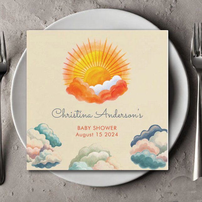 Sunshine and Clouds Yellow Grey Retro Baby Shower Napkins (Creator Uploaded)