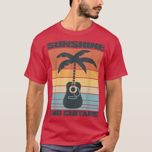 Sunshine and guitars retro acoustic guitar palm tr T_Shirt