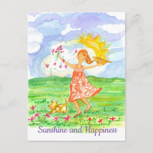 Sunshine and Happiness Girl Dog Inspirational Postcard