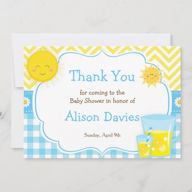 Sunshine and Lemonade Blue and Yellow Baby Shower Thank You Card (Front)