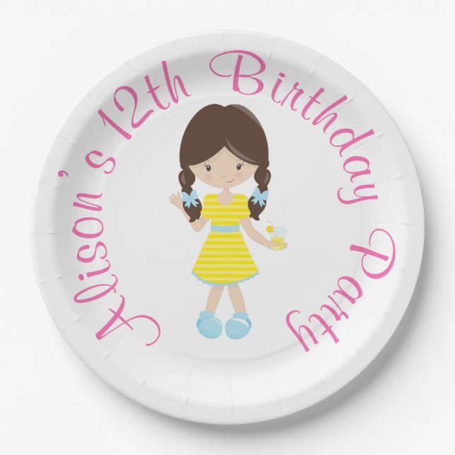 Sunshine and Lemonade Brunette Girl Paper Plates (Front)