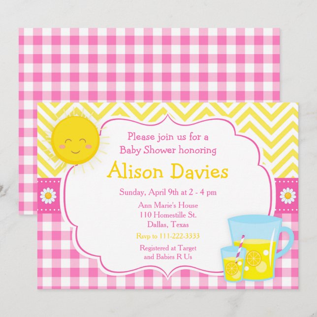 Sunshine and Lemonade Pink and Yellow Baby Shower Invitation (Front/Back)