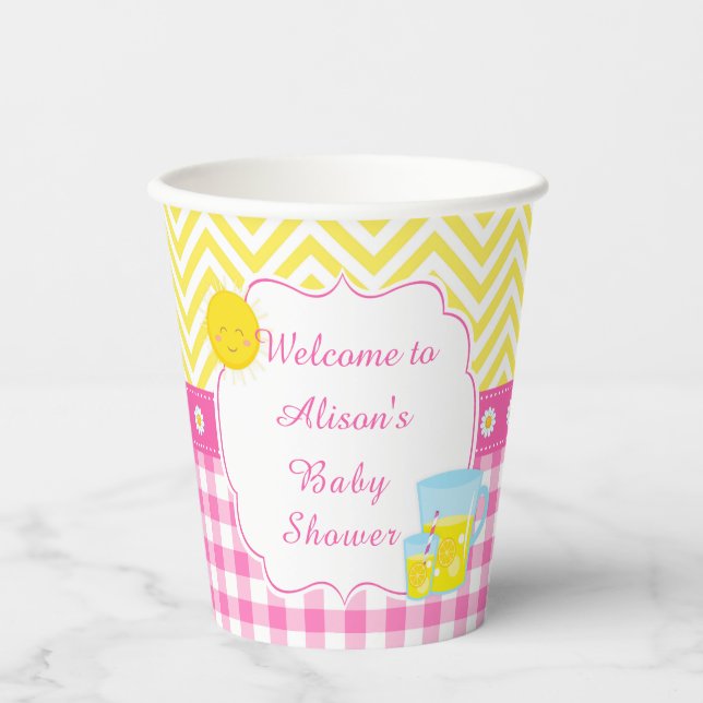 Sunshine and Lemonade Pink and Yellow Baby Shower Paper Cups (Front)