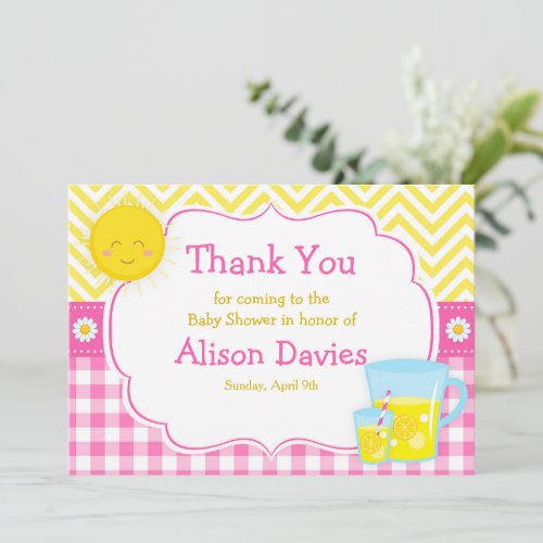 Sunshine and Lemonade Pink and Yellow Baby Shower Thank You Card