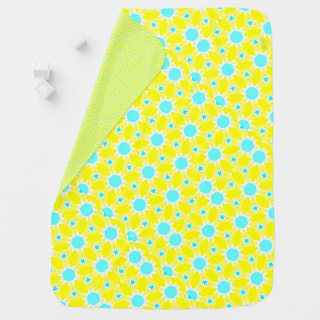 Sunshine and Starburst Yellow Blue Stroller Blanket (In Situ)