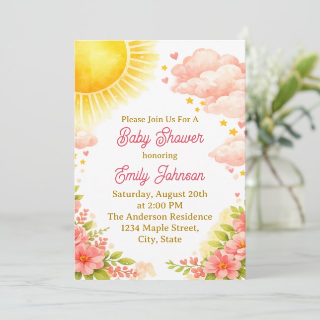 Sunshine Baby Girl Watercolor Invitation (Standing Front)