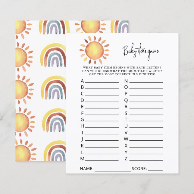 Sunshine Baby Item Game. Baby Shower Game (Front/Back)