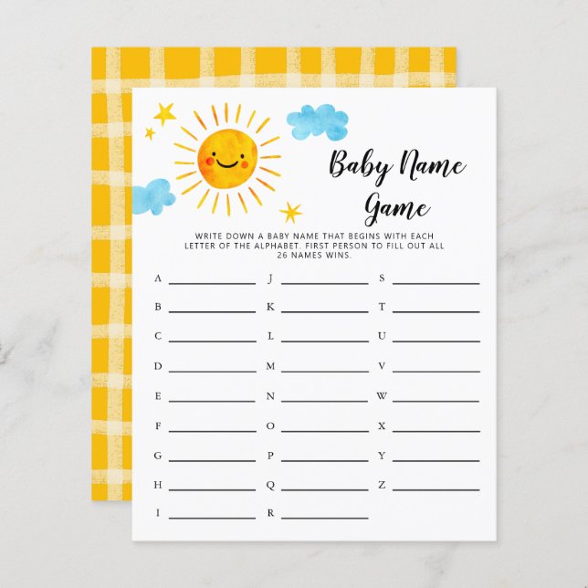 Sunshine Baby Name Shower Game (Front/Back)