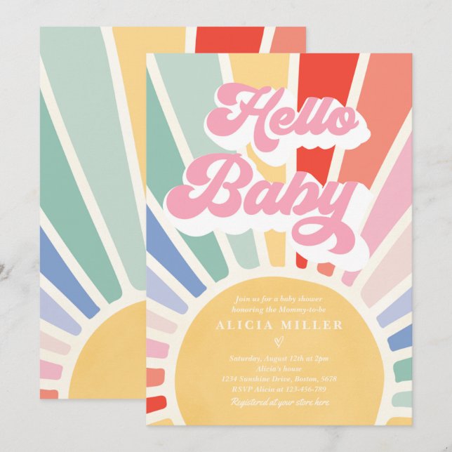 Sunshine Baby Shower Boho Retro Rainbow Sunshine Invitation (Front/Back)
