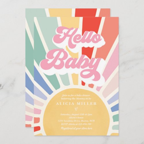 Sunshine Baby Shower Boho Retro Rainbow Sunshine Invitation