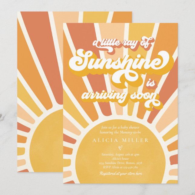 Sunshine Baby Shower Boho Retro Yellow Sunshine Invitation (Front/Back)