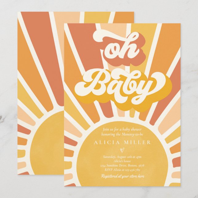Sunshine Baby Shower Boho Retro Yellow Sunshine Invitation (Front/Back)